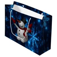 Deep Blue & Bright Snowflakes Snowman, Let It Snow Large Gift Bag