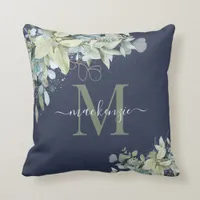 Elegant Navy Blue Eucalyptus Botanical Monogram Throw Pillow