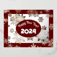 Modern happy new year, colorful snowflakes crystal foil holiday postcard