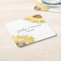 Yellow Sunflowers Watercolor Wedding Square Paper Coaster