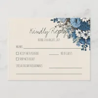 Elegant Navy Blue Floral Wedding RSVP | Response Postcard