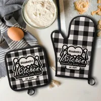 Rustic Black & White Buffalo Plaid Custom Kitchen Oven Mitt & Pot Holder Set