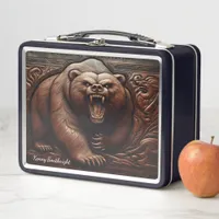 Embossed Grizzly: Strength in Leather Metal Lunch Box