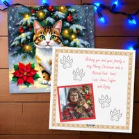 Festive Cat and Poinsettia Customized Christmas Holiday Card
