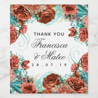 Turquoise and Coral Floral Wedding Guest Thank You Wine Label