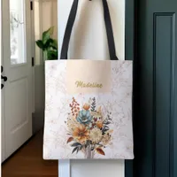 Elegant Beige Floral Name Tote Bag