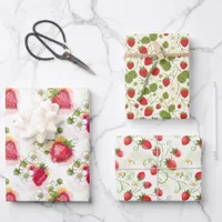 Strawberry Blossoms and Berries Three Patterns Wrapping Paper Sheets