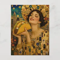 A Joyful Surreal Woman With Giant Taco Klimt Style Postcard