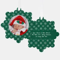 Custom Photo Santa Baby Snowflakes & Green Paper Ornament Card