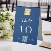 Blue  white business logo QR code table number Table Tent Sign