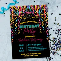 Colorful Confetti and Streamers Birthday Party Invitation