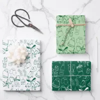 Trendy Hand Drawn Monochrome Green & White Xmas Wrapping Paper Sheets