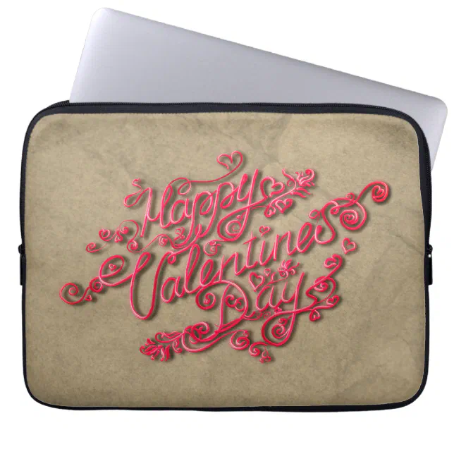 Happy Valentine’s Day sepia heart red lettering Laptop Sleeve