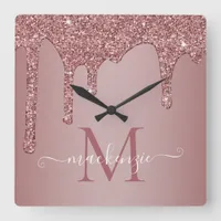 Girly Rose Gold Sparkle Glitter Drips Monogram Square Wall Clock