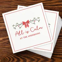 Classic "All is Calm" Personalized Christmas Party Napkins