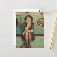 Retro Lady sits bored at the laundromat Postcard