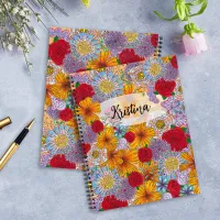 Orange Red Purple Garden Doodle Flowers  Notebook