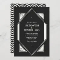 Jet Black & Ivory Linen Art Deco Wedding Photo Invitation