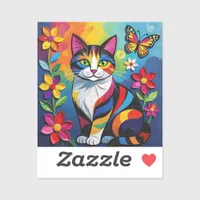 Colorful Paper Cat, Flowers and Butterflies Sticker