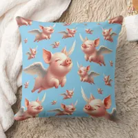 Cute Pigs Flying Blissfully in Sunny Blue Skies Throw Pillow