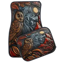 Intricate Owl Carving Amidst Mountains and Sun Car Floor Mat