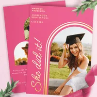 She Did It Hot Pink Modern Arch Photo Graduation Foil Invitation