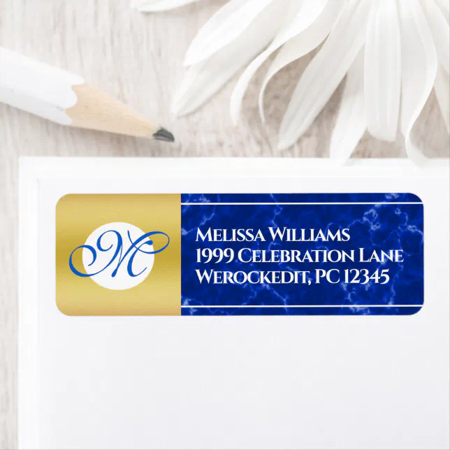 Elegant Graduation Monogram Blue Marble Gold Foil Label