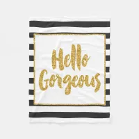 Hello Gorgeous Black & White Gold Glitter Stripes Fleece Blanket