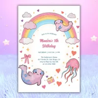 Cute Axolotl Rainbow Kids Birthday Party Invitation