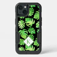 Bold Tropical Green Watercolor Leaves Monogram iPhone 13 Case