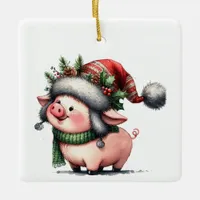 First Christmas Whimsical Cute Pig Customized Ceramic Ornament