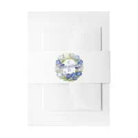 Elegant Watercolor Tulip Wreath Wedding Blue Ivory Invitation Belly Band