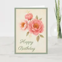 Vintage Pink Roses Floral Happy Birthday Card