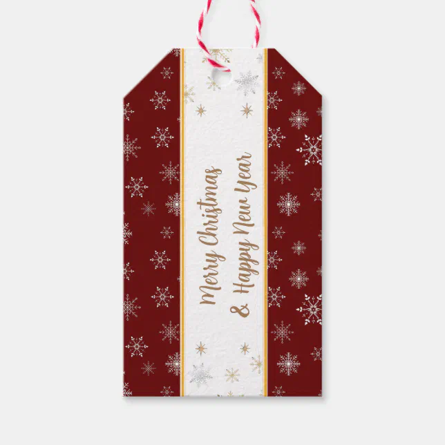 Elegant Merry Christmas Snowflakes on Burgundy Gift Tags