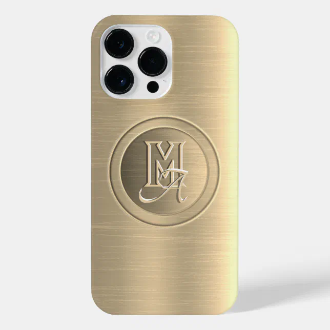 Metallic Gold Steel Engraved Monogram iPhone 14 Pro Max Case