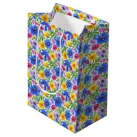 Vivid Blue Yellow Red Purple Flowers Pattern Medium Gift Bag