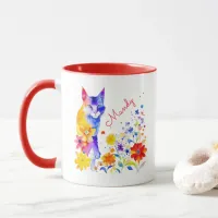 Watercolor Cat and Flowers Personalized Mug