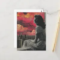 Woman in black and white at the top of the City Postcard