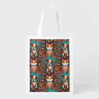 Whimsical Cats and Dog with Folk Art Flowers Grocery Bag