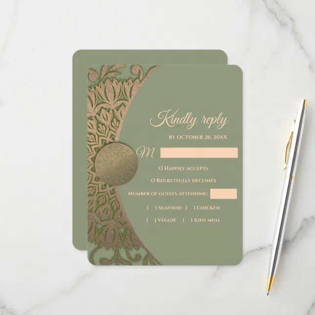 Elegant Modern Sage green & gold classic mandala RSVP Card