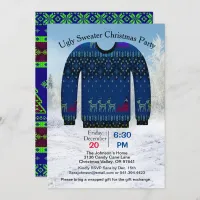 Ugly Sweater Christmas Party, Blue with Deer Invitation