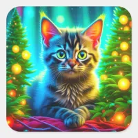 Christmas Cat and Christmas Tree Lights Square Sticker