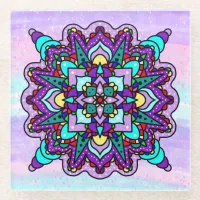 Colorful Mystical Mandala in Purple and Blue Glass Coaster