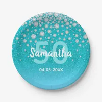 50th birthday diamonds glitter on teal blue green paper plates