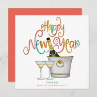 Coral Teal Gold Glitter Happy New Year Champagne Holiday Card