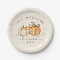 Custom Family Name Cute Pumpkin Bows Thanksgiving Paper Plates