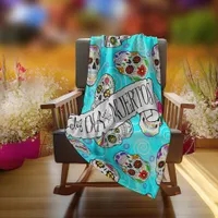 Sugar Skulls and Swirls Rose Turquoise ID725 Fleece Blanket