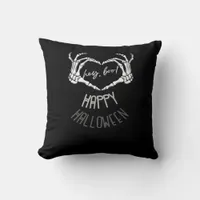 Hey, Boo! Happy Halloween Skeleton Hand Heart Clas Throw Pillow
