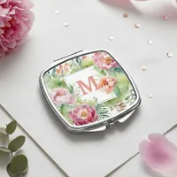 Artistic Romantic Watercolor Peony Floral Monogram Compact Mirror