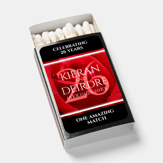 Elegant 26th Rose Wedding Anniversary Celebration Matchboxes